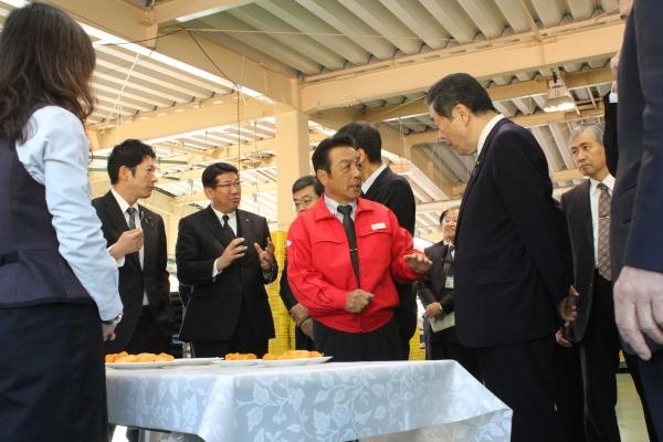 森山農林水産大臣へ取り組みを説明をする生産者。目の前のテーブルには切った柿が皿に並べられている。後ろには市長の姿もある写真