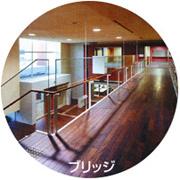 カルム五條館のブリッジの内観の写真2階から1階の床が見える、手すりと板の廊下が写っている
