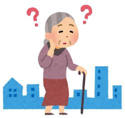 家々が並んでいる道で、ひとりで道がわからなくなっている杖をついた女性高齢者のイラスト
