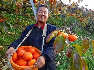 笑顔で籠いっぱいの収穫した柿の実を持っている益田さんの写真
