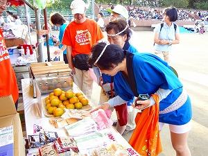 五條市ブースで神輿の法被を着た女性が柿を見ている様子の写真