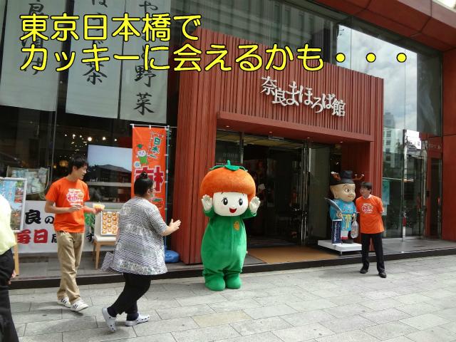 東京日本橋でカッキーに会えるかも。奈良まほろば館入口で道行く人に手を振るマスコットのカッキーとオレンジの柿Tシャツを着て試食を勧める男性の写真