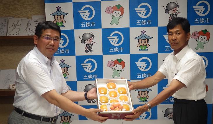 JAならけんハウス柿部会の辰巳清部会長から五條市長へ箱入りのハウス柿を手渡している写真
