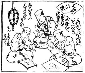 江戸時代の3人の職人による花火作りの絵