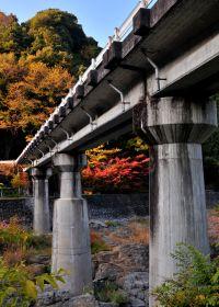 美しい紅葉と一緒に映る西吉野町に残る橋梁の写真
